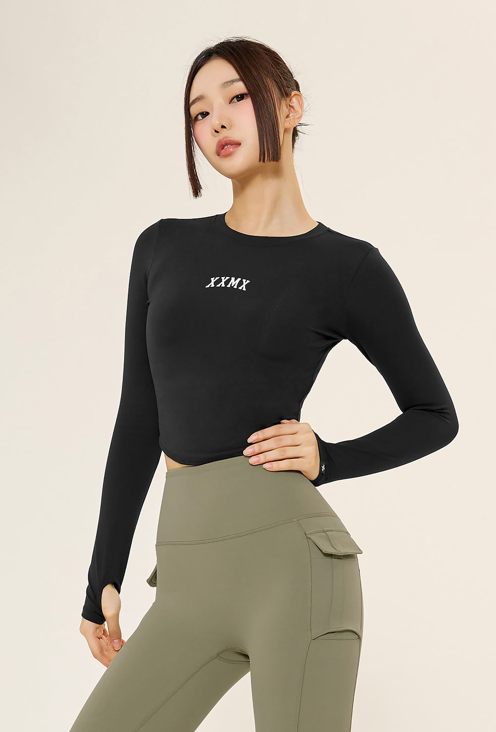 Cotton Like Finger Hole Long Sleeve - Black