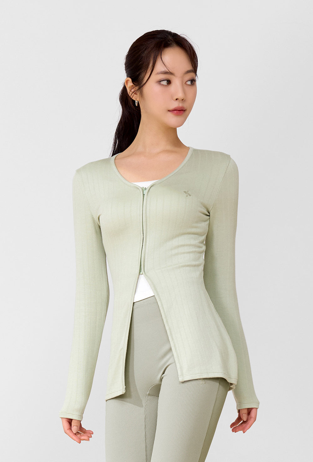 Ribbed Zip up Cover Cardigan - Laurel Green