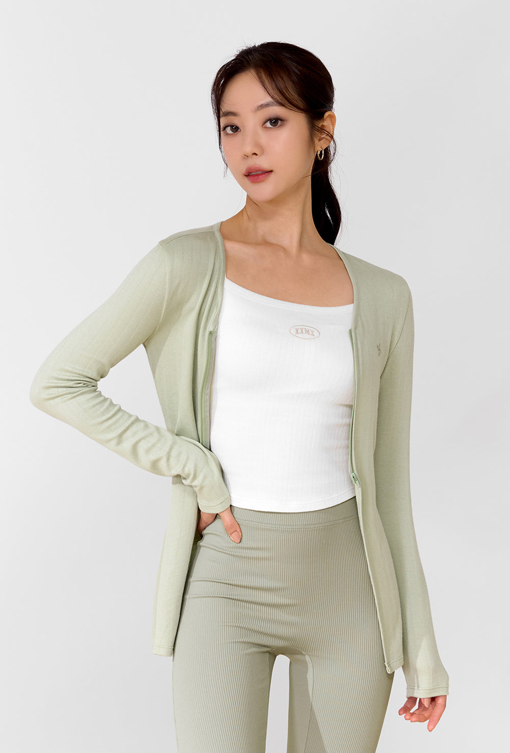 Ribbed Zip up Cover Cardigan - Laurel Green
