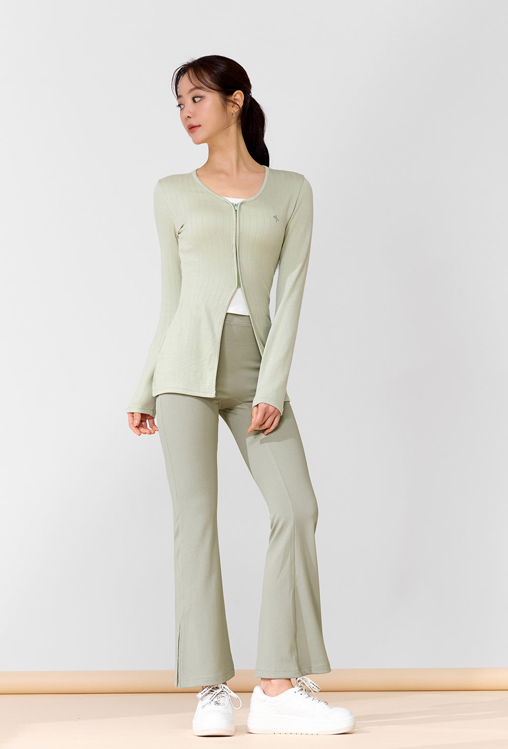 Ribbed Zip up Cover Cardigan - Laurel Green
