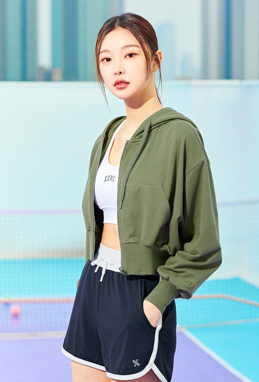 Smooth Touch Crop Hoodie Zip-Up - Moss Khaki