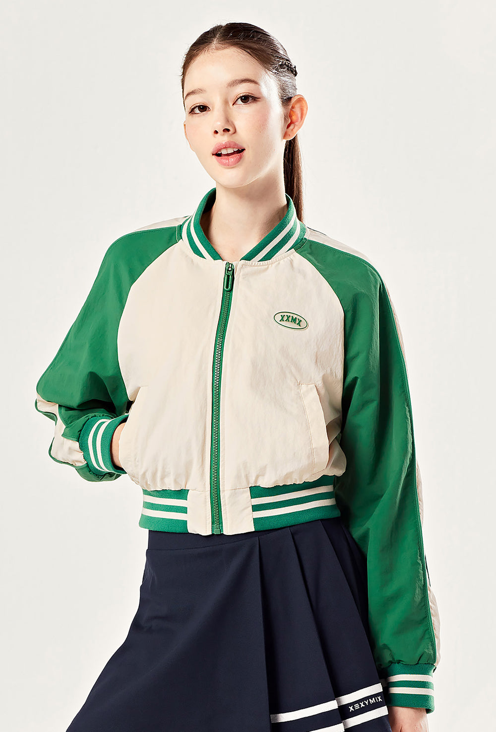 Woven Crop Varsity Jacket - Clover Beige
