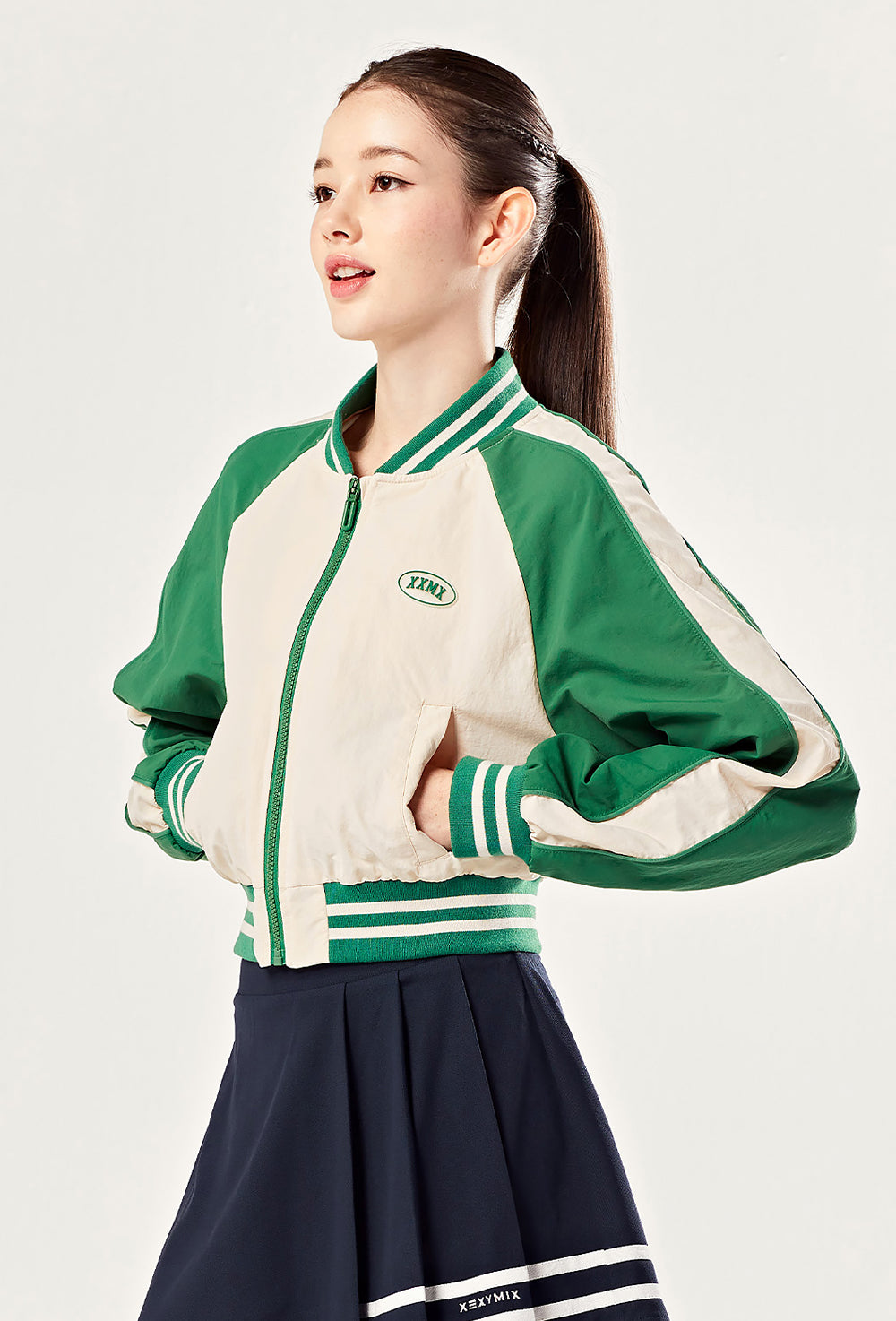 Woven Crop Varsity Jacket - Clover Beige