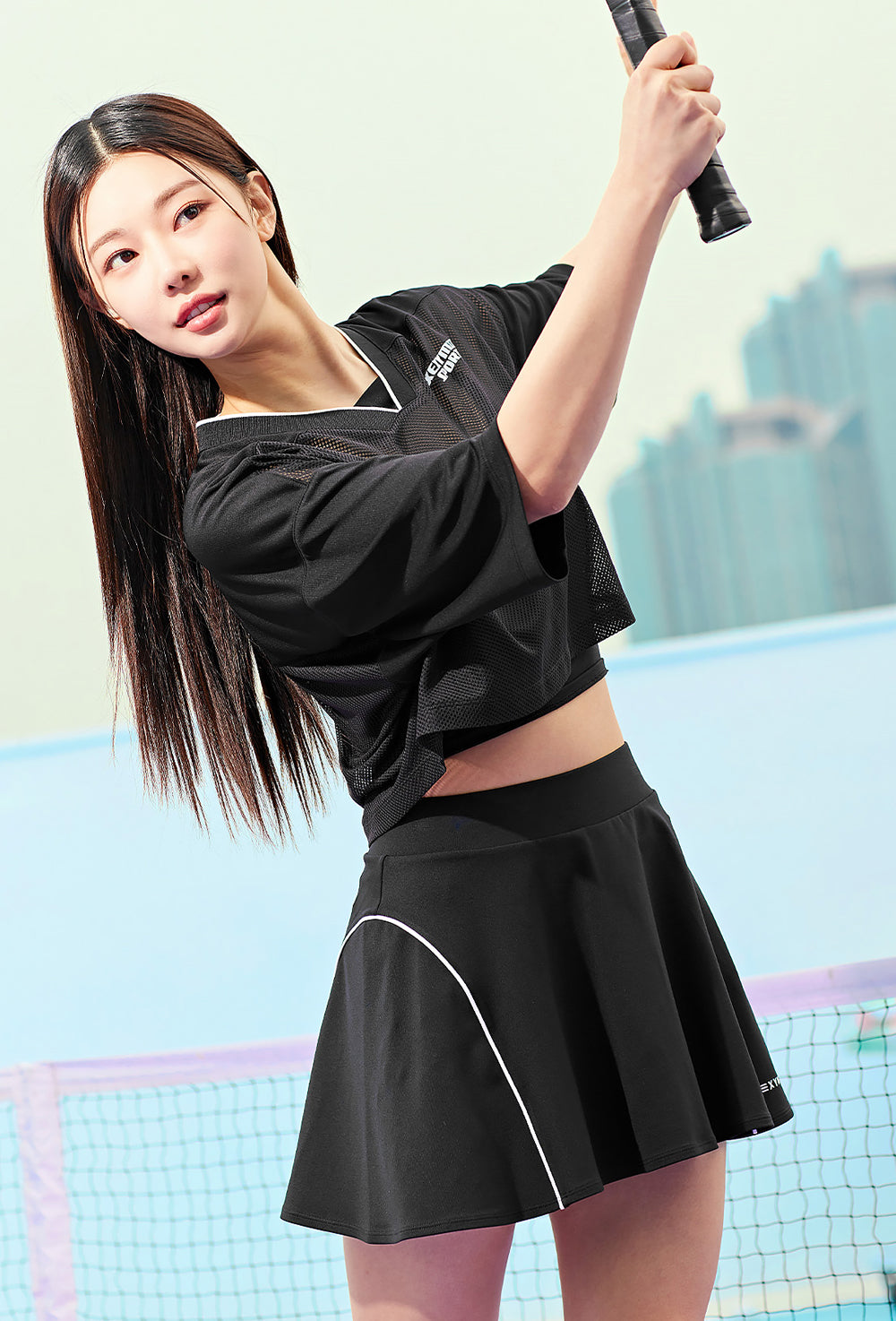 Line Piping Flare Skirt - Black