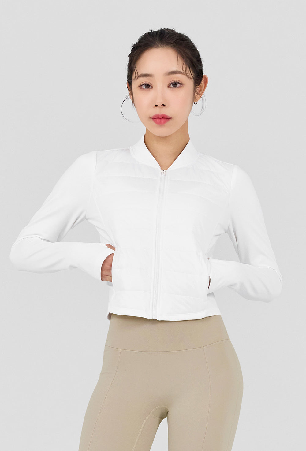 Finger Hole Lightweight Padded Jersey Jacket - Ivory