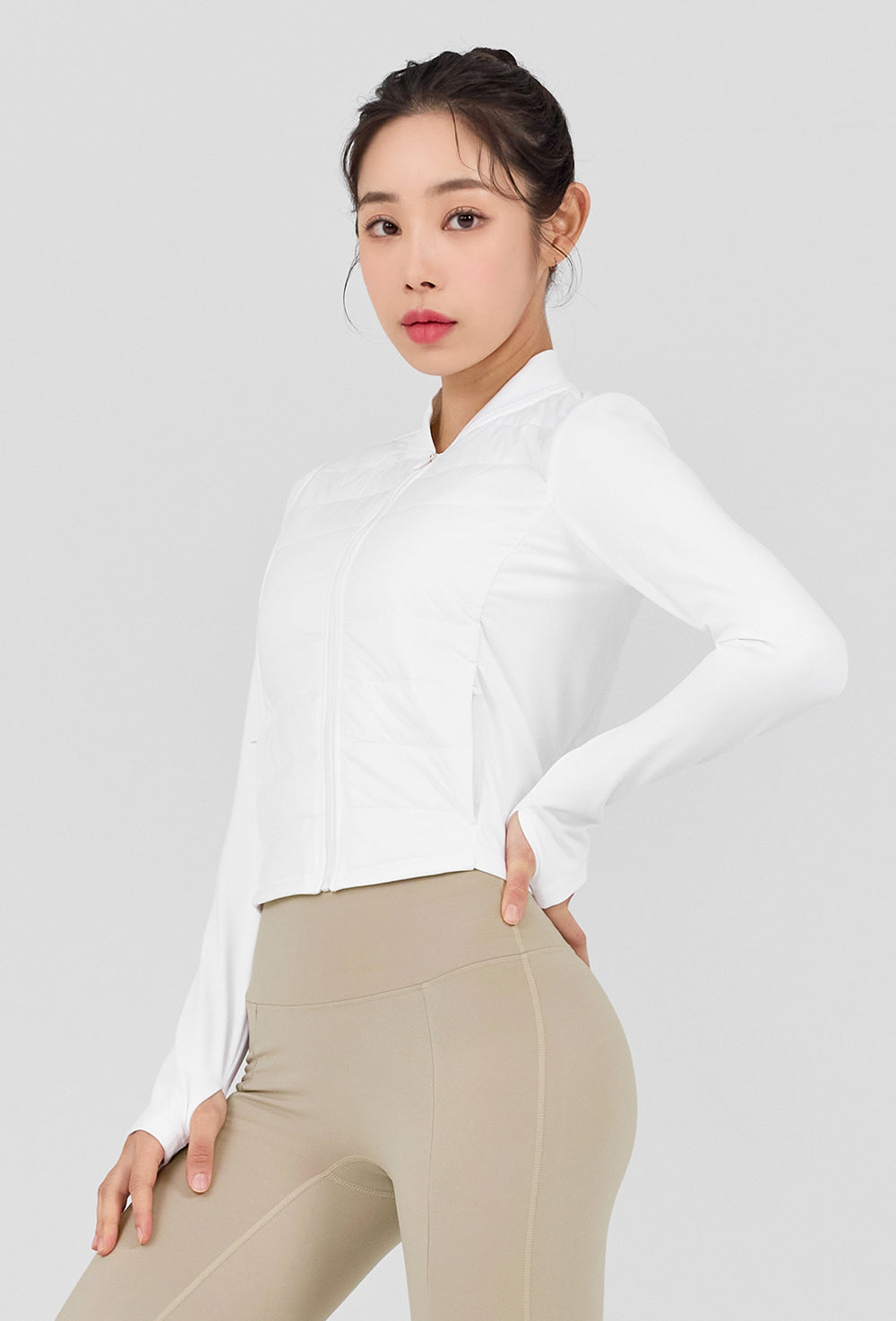 Finger Hole Lightweight Padded Jersey Jacket - Ivory