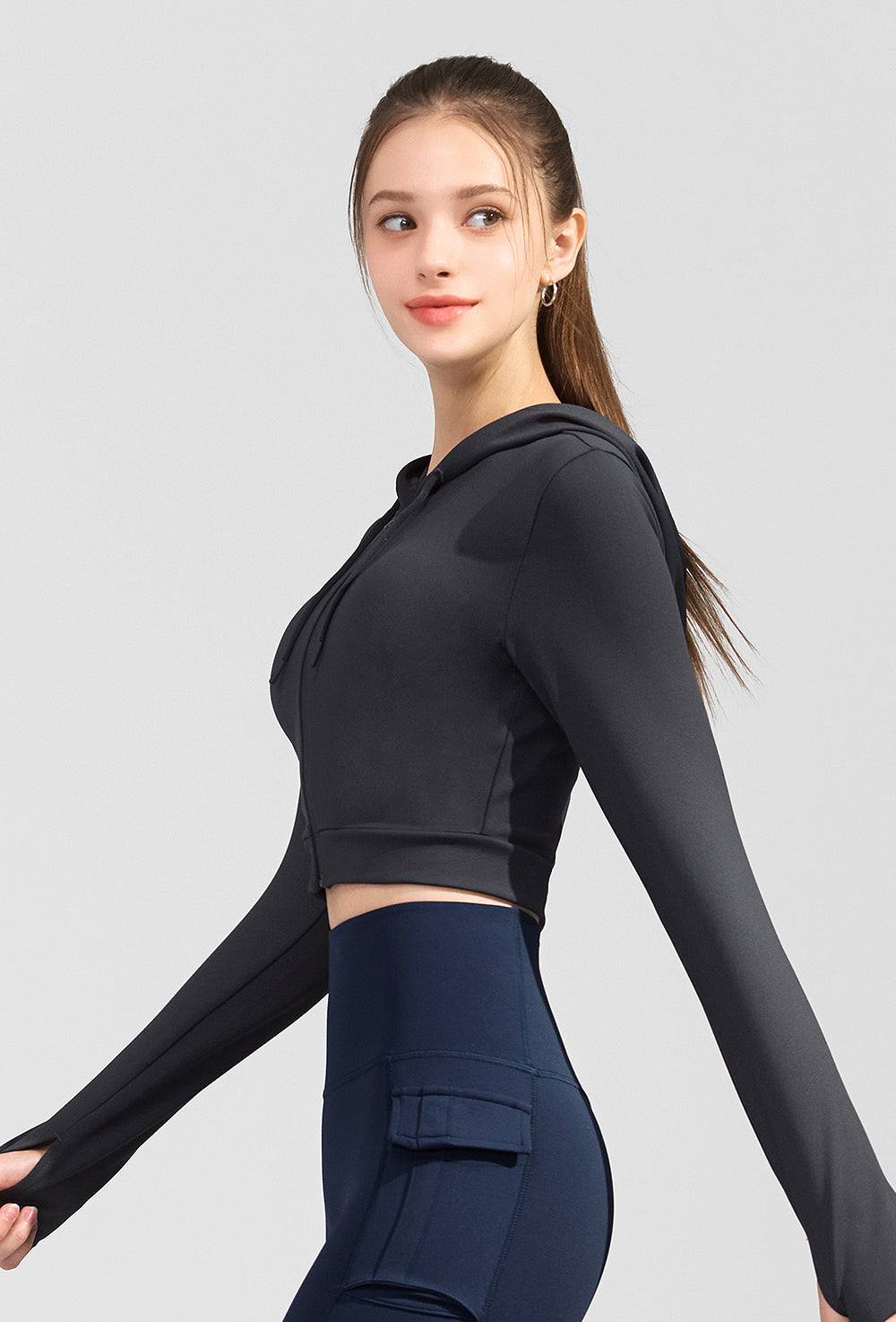 Slim Fit Crop Hood Zip-Up - Attention Gray