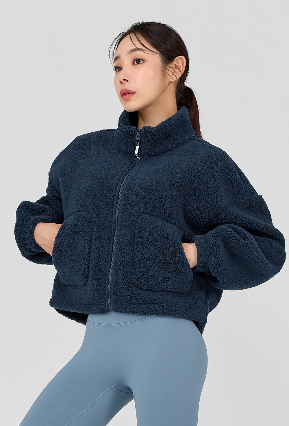 Sherpa Crop Zip-Up Jacket - Dark Blue