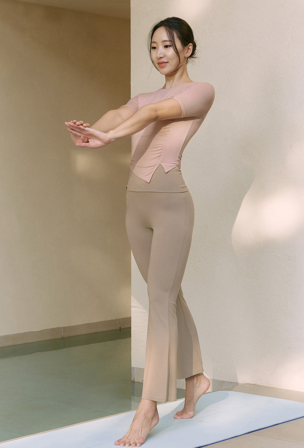 Side Shirring Unbalance Short Sleeve - Milk Pink