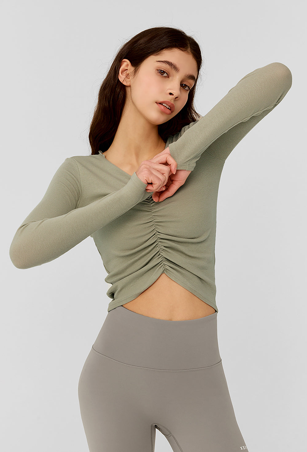Ribbed Shirring Long Sleeve - Sage Green