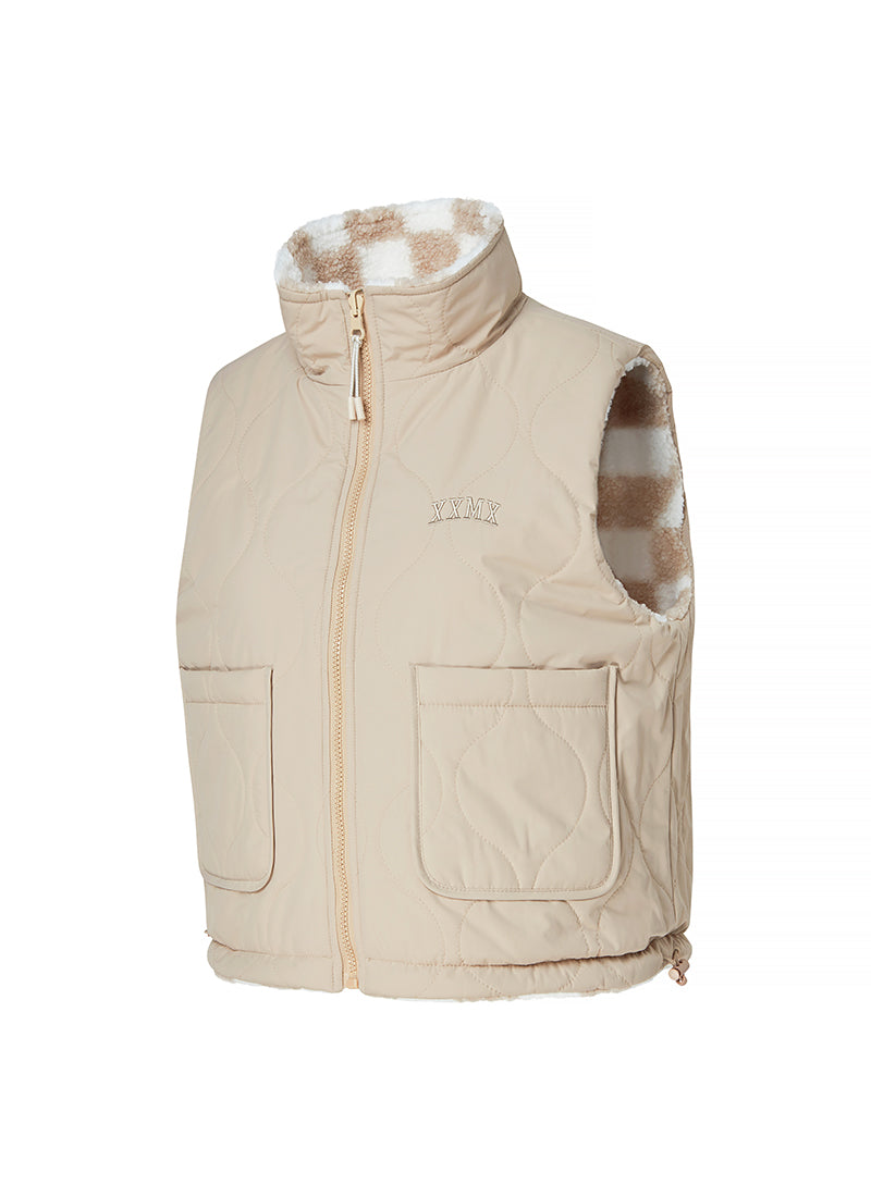 Checker Board Fleece Reversible Vest - Light Beige