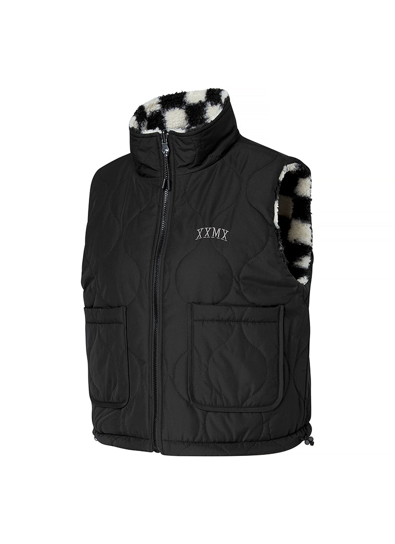 Checker Board Fleece Reversible Vest - Black