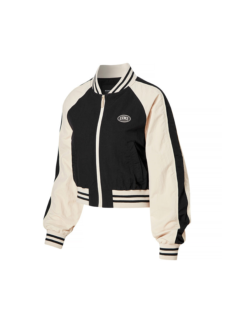 Woven Crop Varsity Jacket - Black