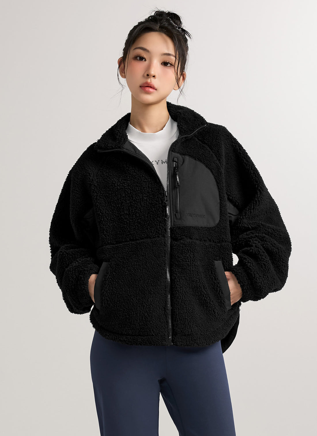 Woven Patch Fleece Zip-up Jacket - Black