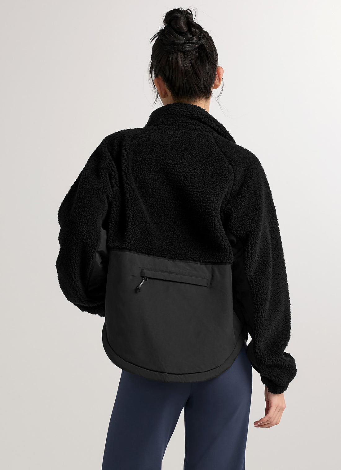 Woven Patch Fleece Zip-up Jacket - Black
