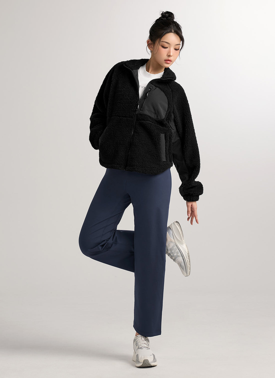 Woven Patch Fleece Zip-up Jacket - Black