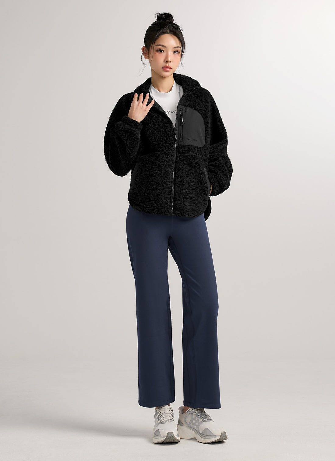Woven Patch Fleece Zip-up Jacket - Black