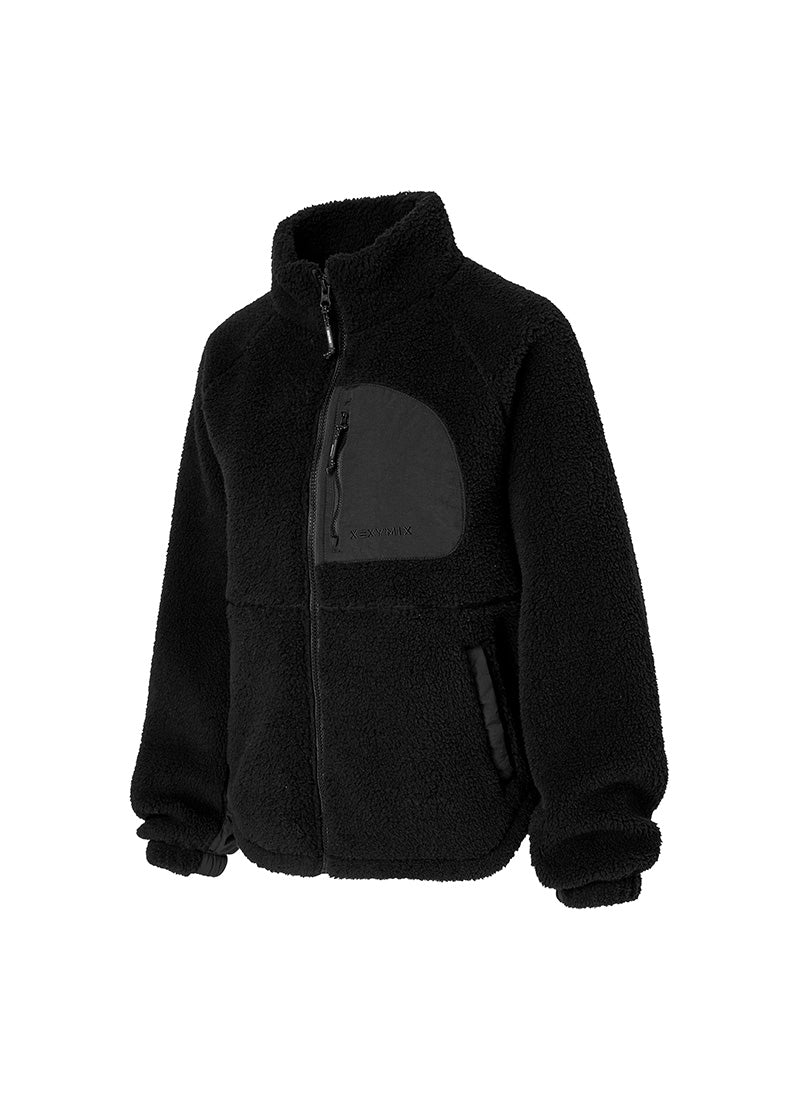 Woven Patch Fleece Zip-up Jacket - Black
