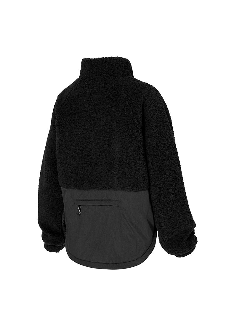 Woven Patch Fleece Zip-up Jacket - Black