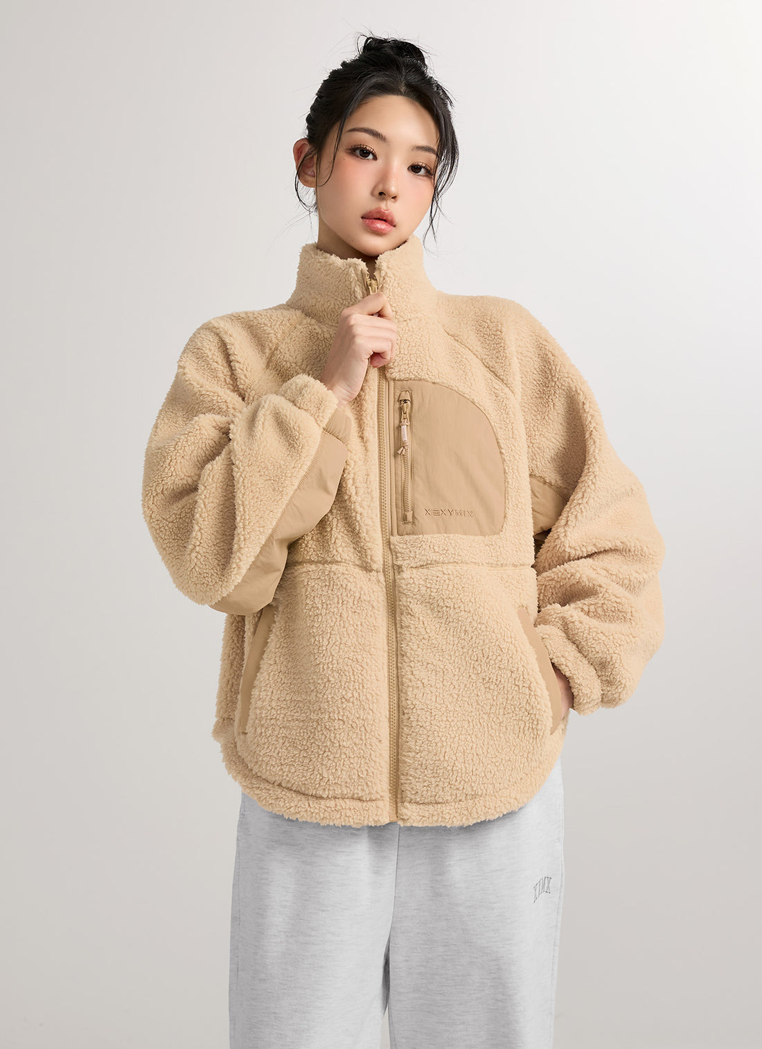 Woven Patch Fleece Zip-up Jacket - Peanut Butter