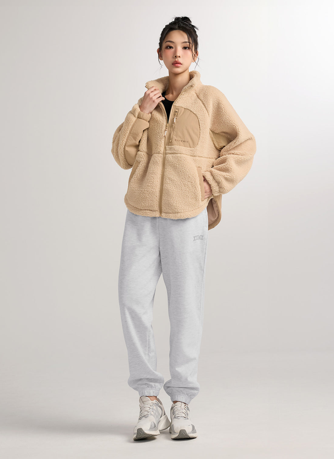 Woven Patch Fleece Zip-up Jacket - Peanut Butter