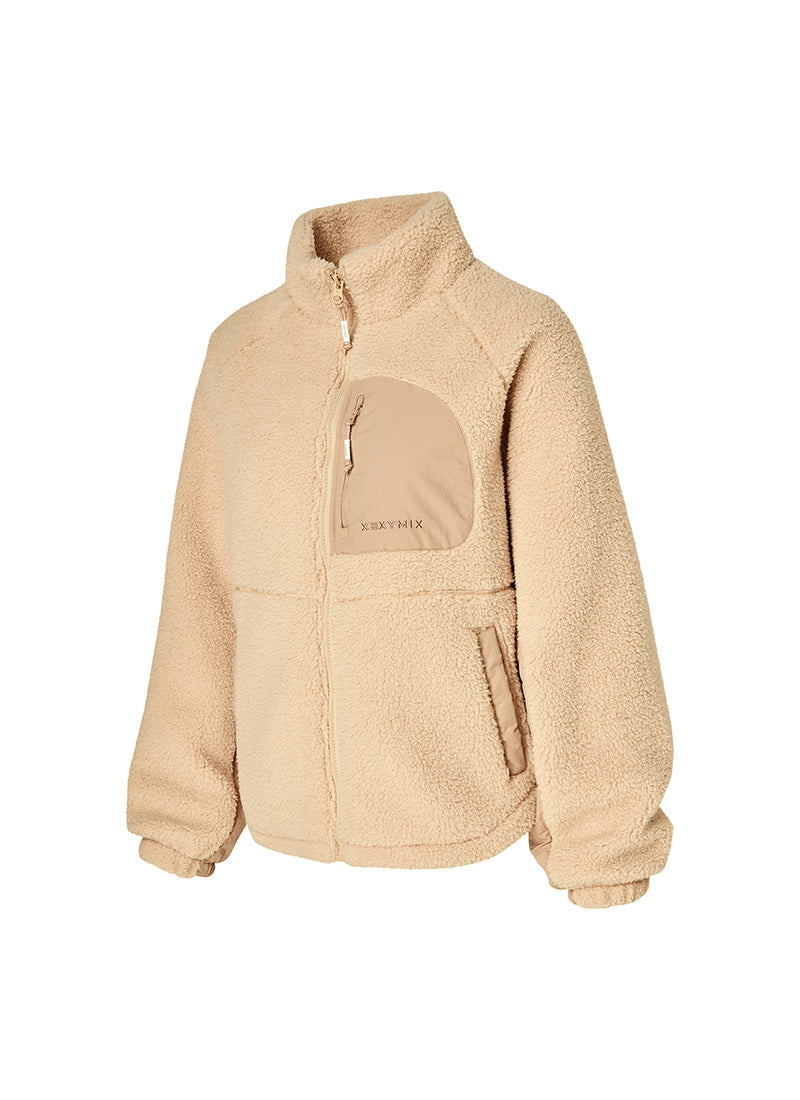 Woven Patch Fleece Zip-up Jacket - Peanut Butter