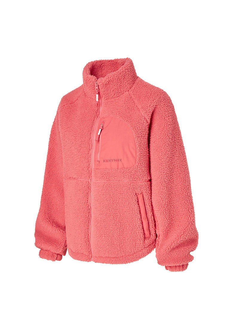 Woven Patch Fleece Zip-up Jacket - Lucy Red