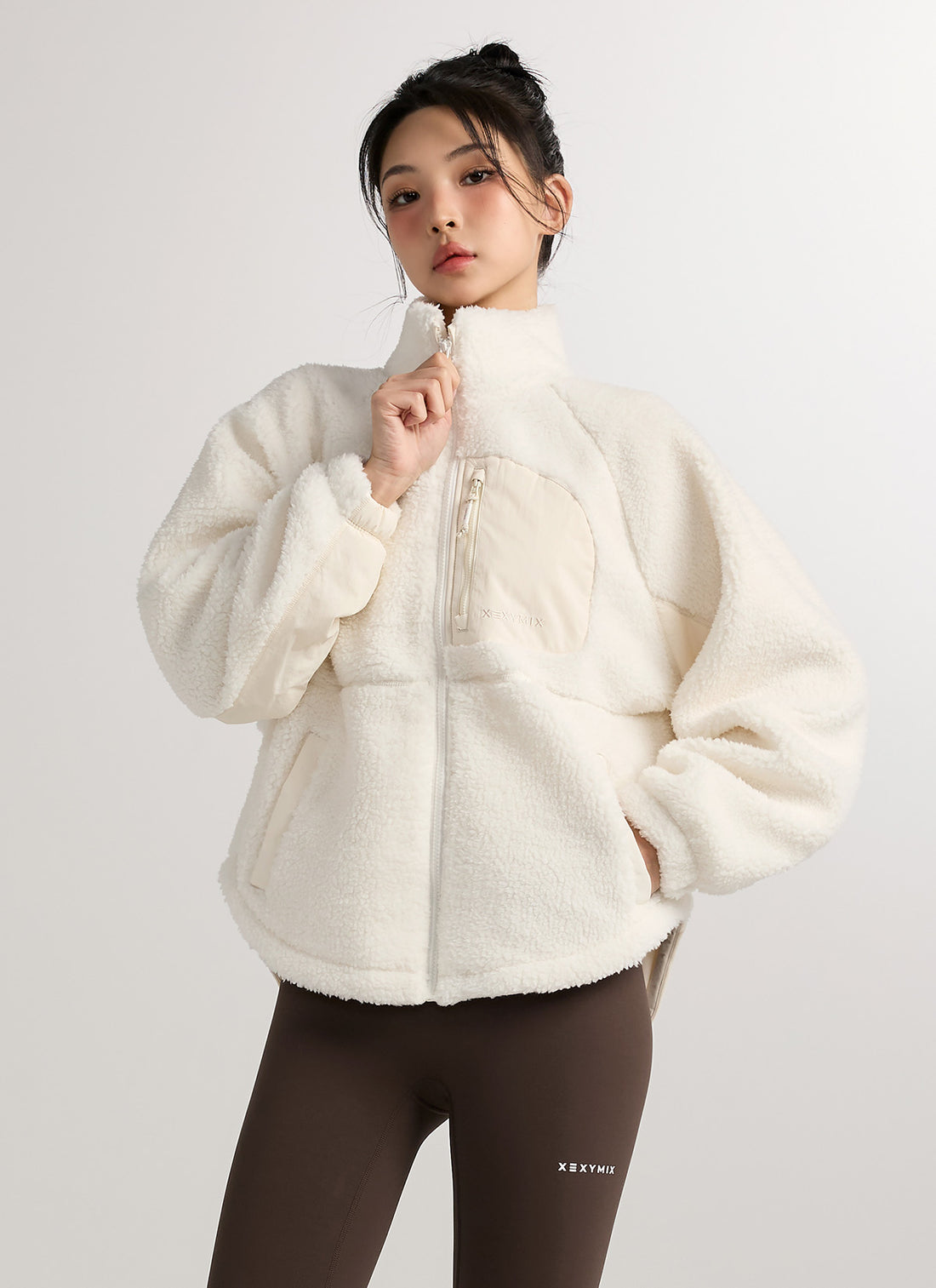 Woven Patch Fleece Zip-up Jacket - Egg White