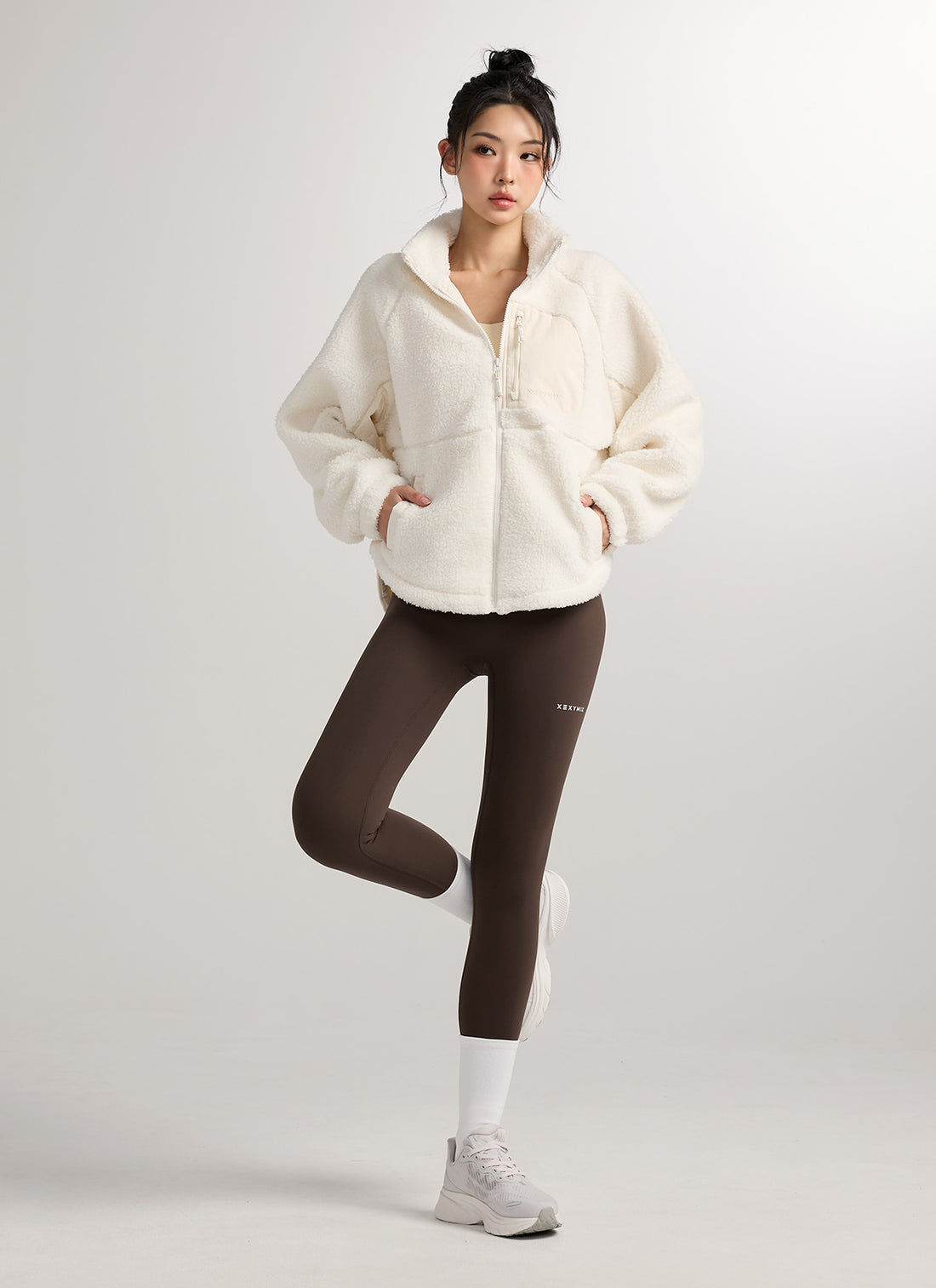 Woven Patch Fleece Zip-up Jacket - Egg White