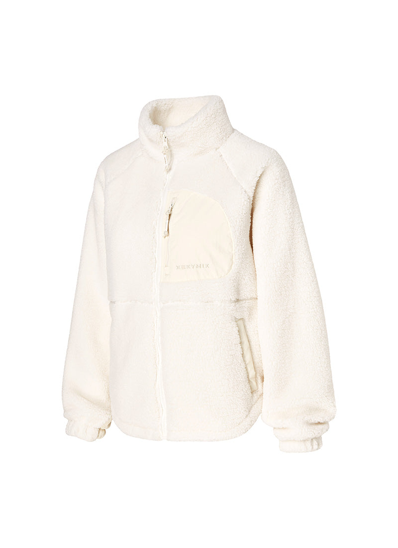 Woven Patch Fleece Zip-up Jacket - Egg White
