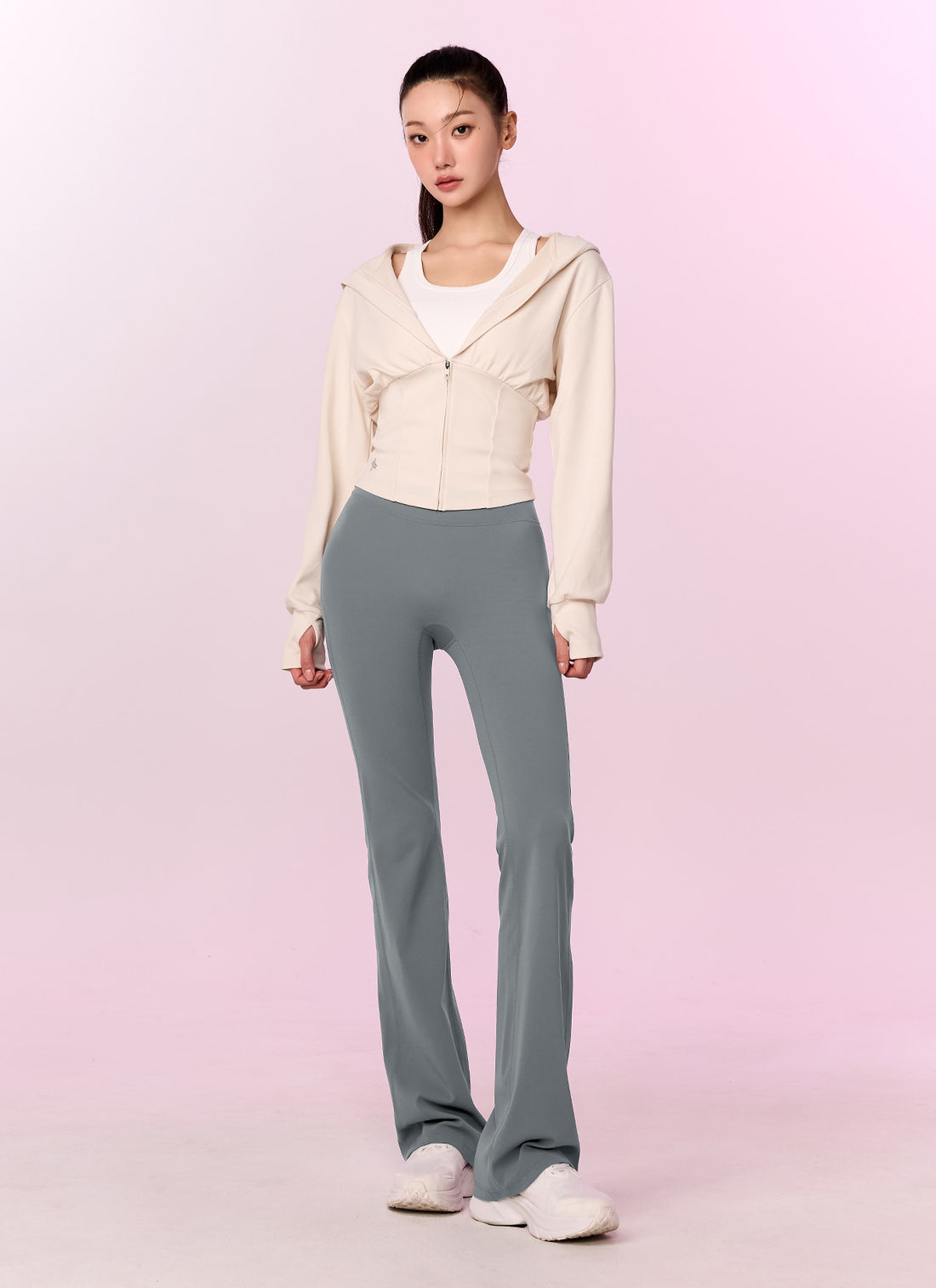 Deep V-neck Hood Zip up - Forge Beige