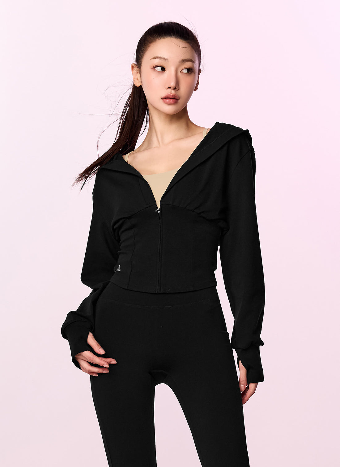Deep V-neck Hood Zip up - Black