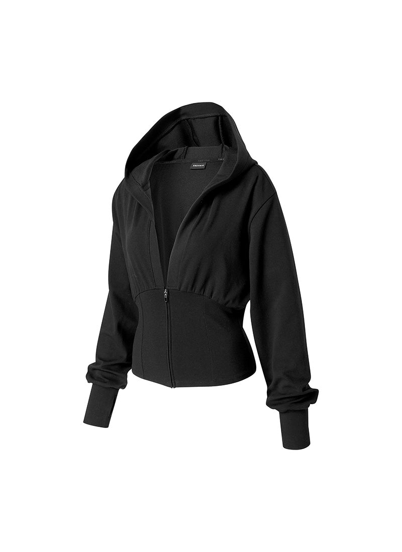Deep V-neck Hood Zip up - Black