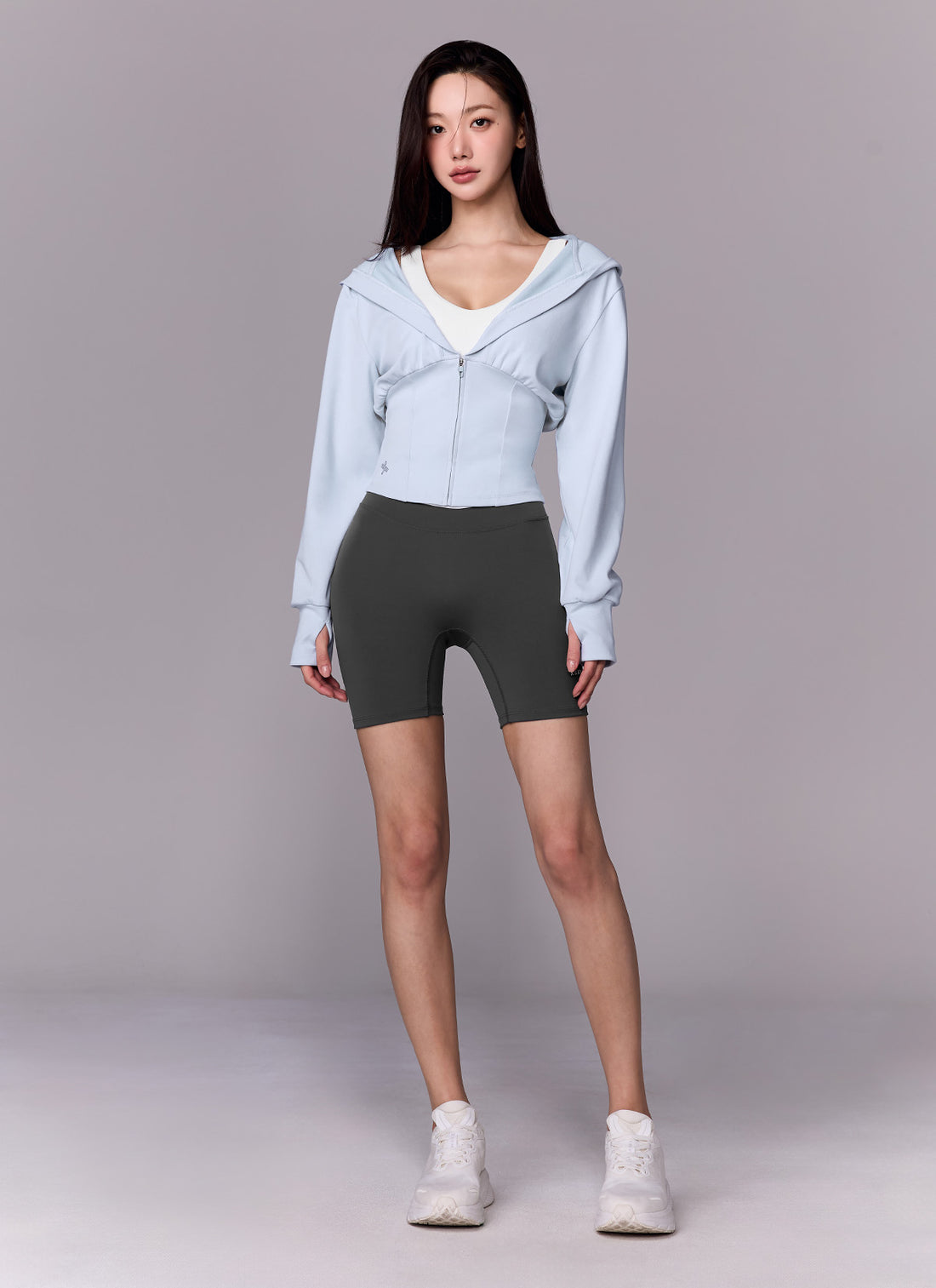 Deep V-neck Hood Zip up - Air Sky Blue