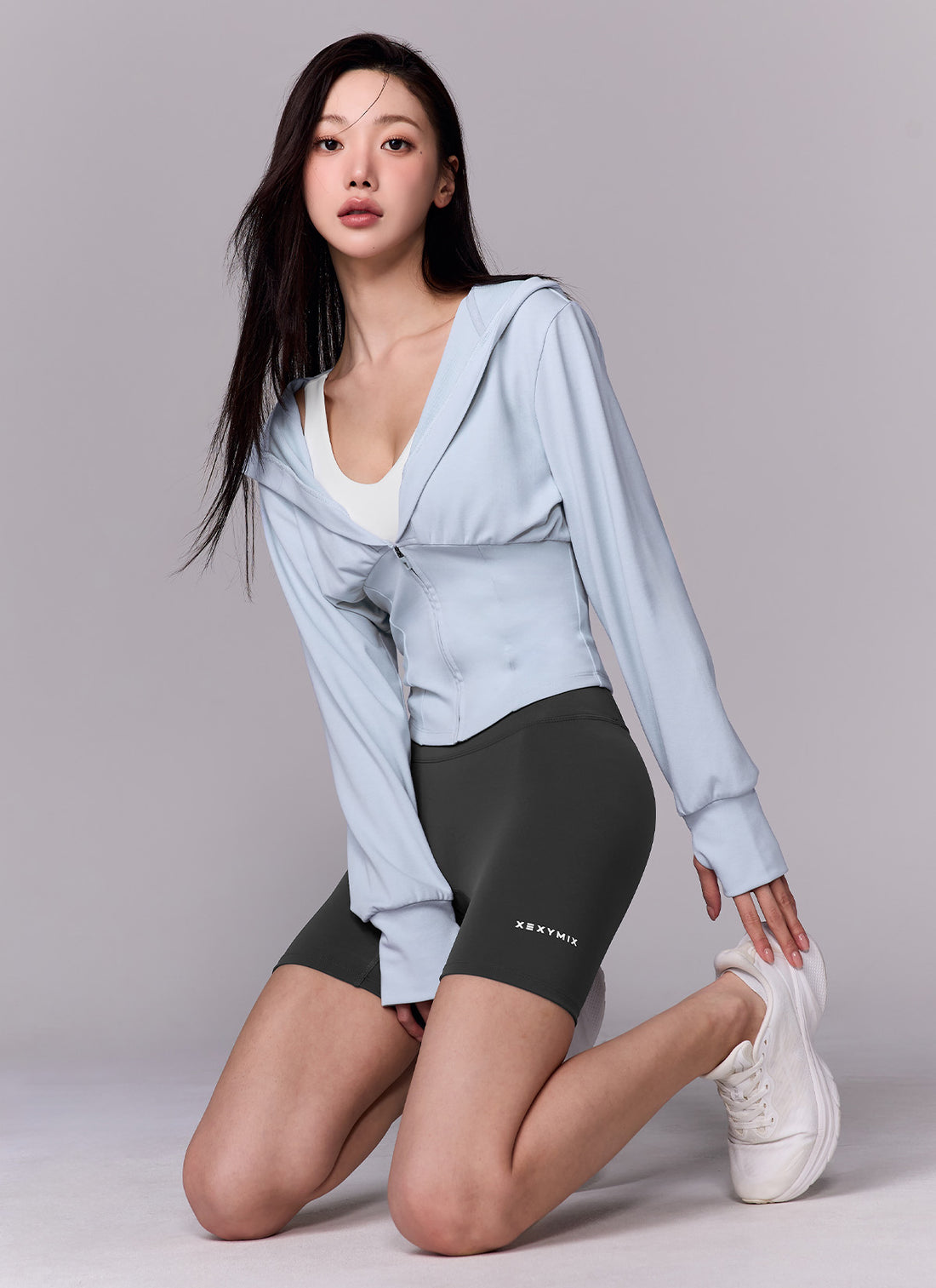 Deep V-neck Hood Zip up - Air Sky Blue