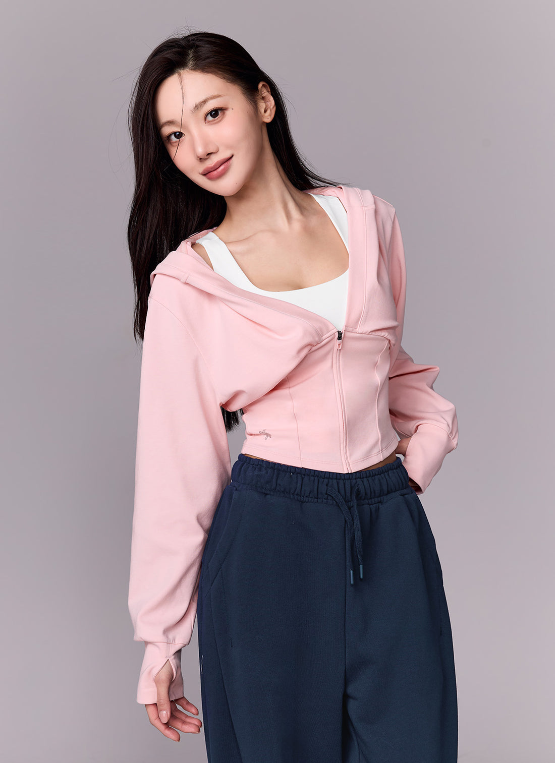 Deep V-neck Hood Zip up - Shy Pink