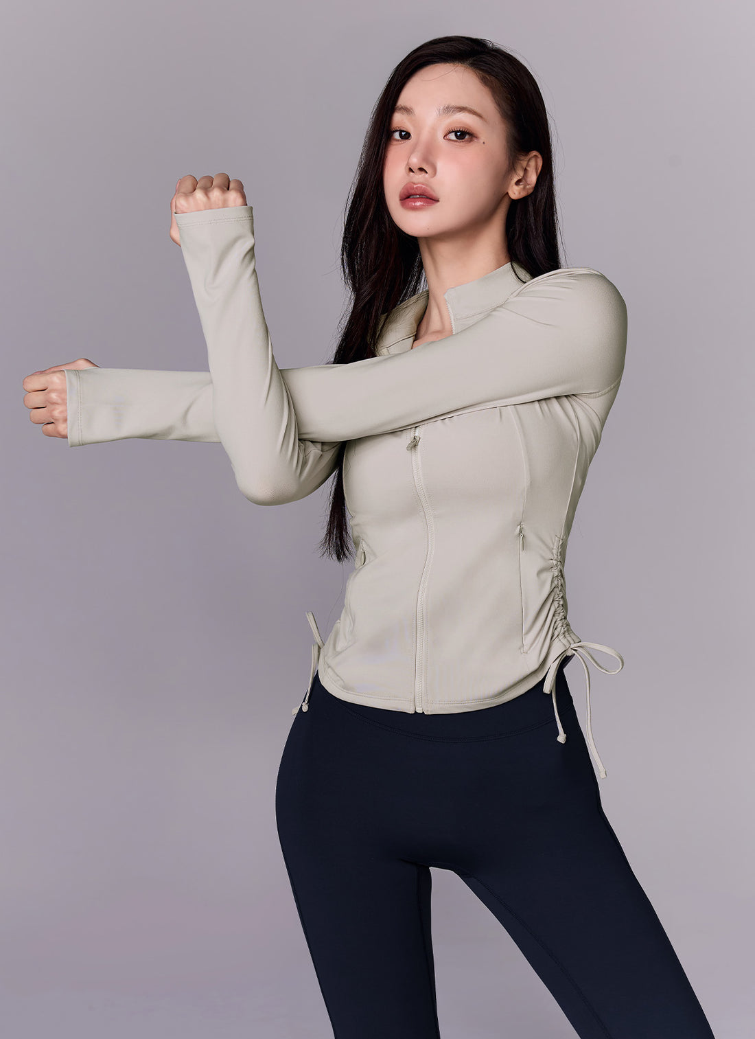 Side Shirring Two-Way Zip-up Jacket - Wish Gray