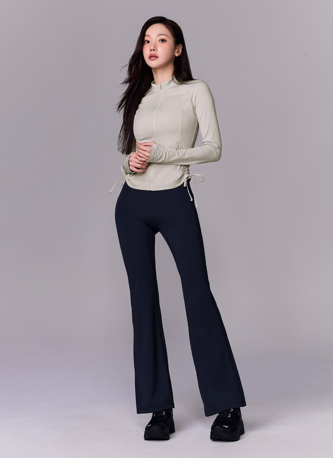 Side Shirring Two-Way Zip-up Jacket - Wish Gray
