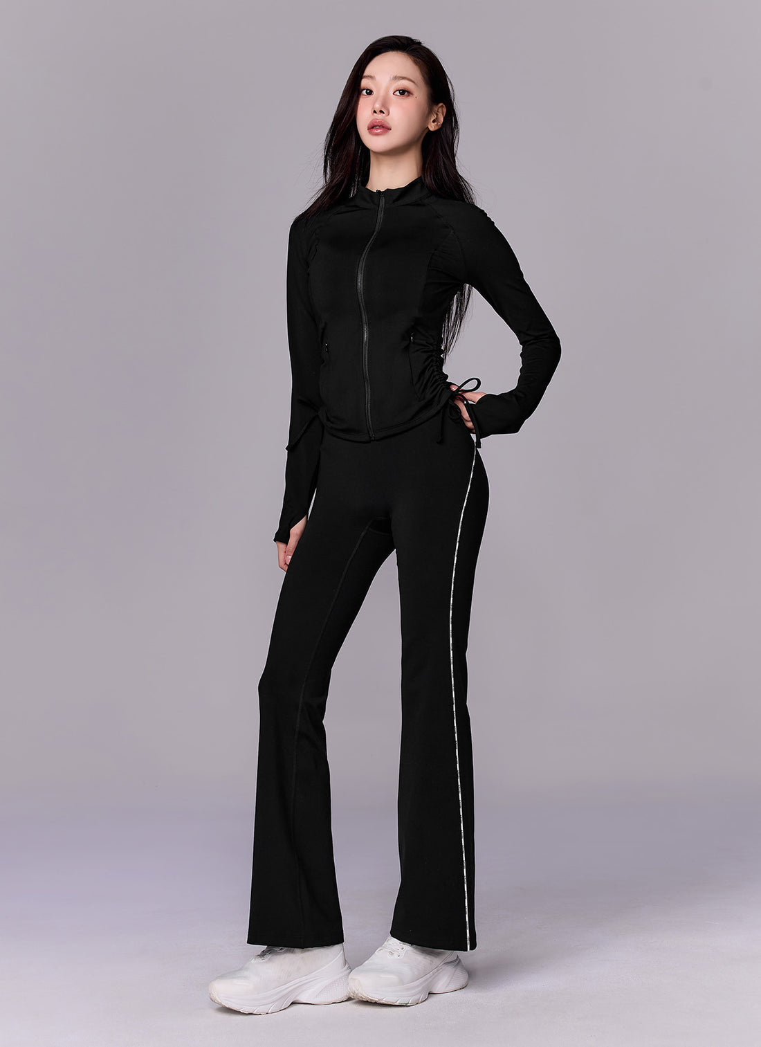 Side Shirring Two-Way Zip-up Jacket - Black
