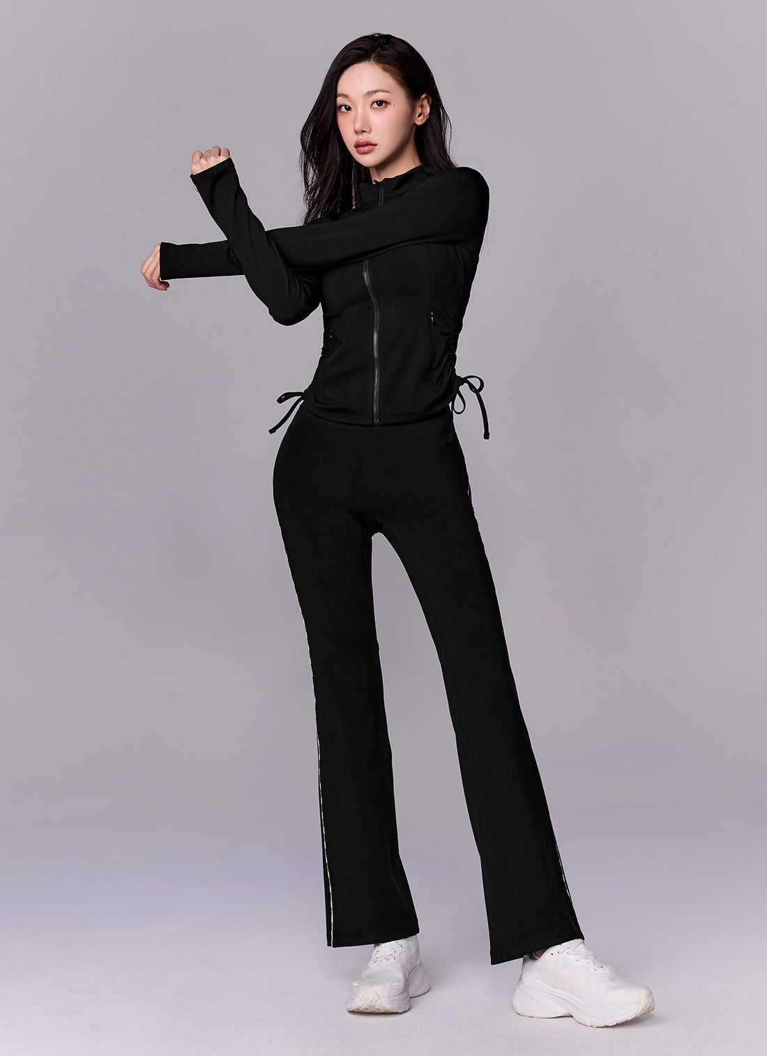 Side Shirring Two-Way Zip-up Jacket - Black