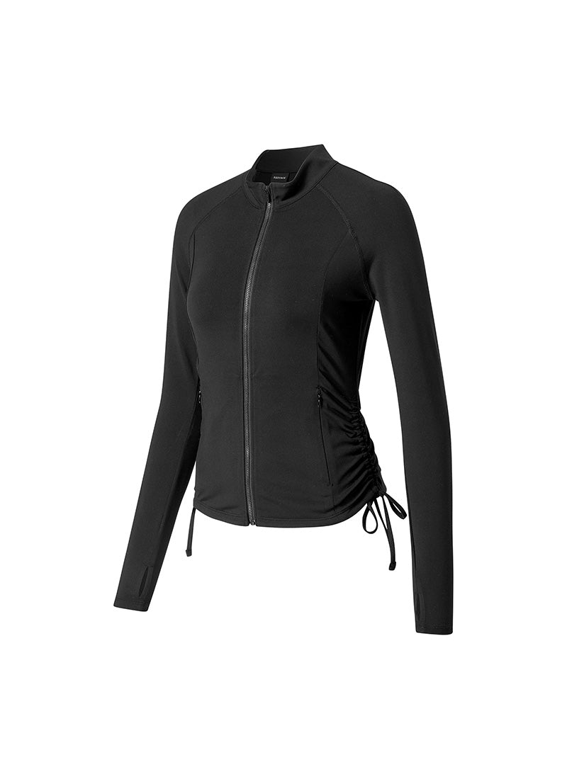 Side Shirring Two-Way Zip-up Jacket - Black