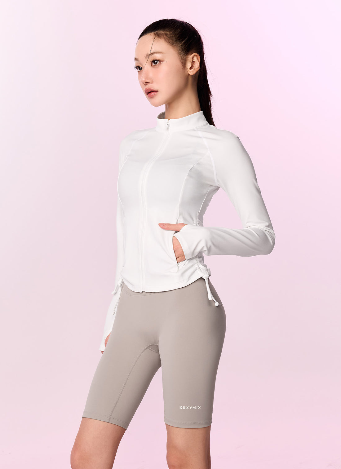 Side Shirring Two-Way Zip-up Jacket - White Ivory