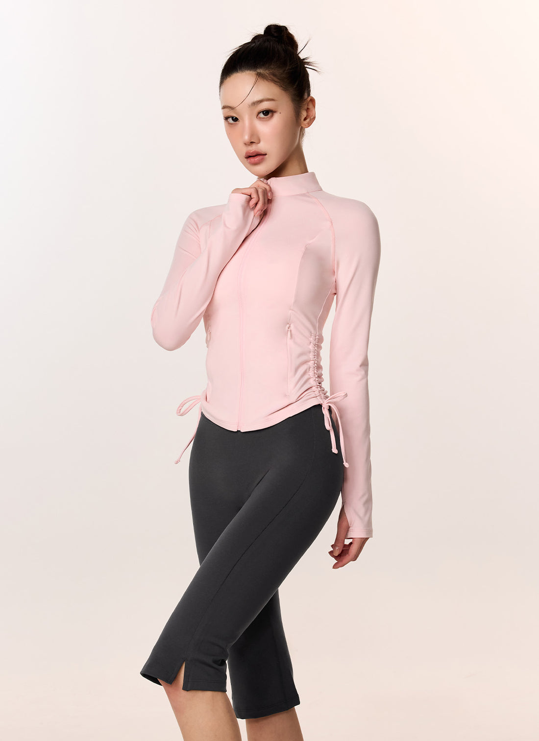 Side Shirring Two-Way Zip-up Jacket - Shy Pink