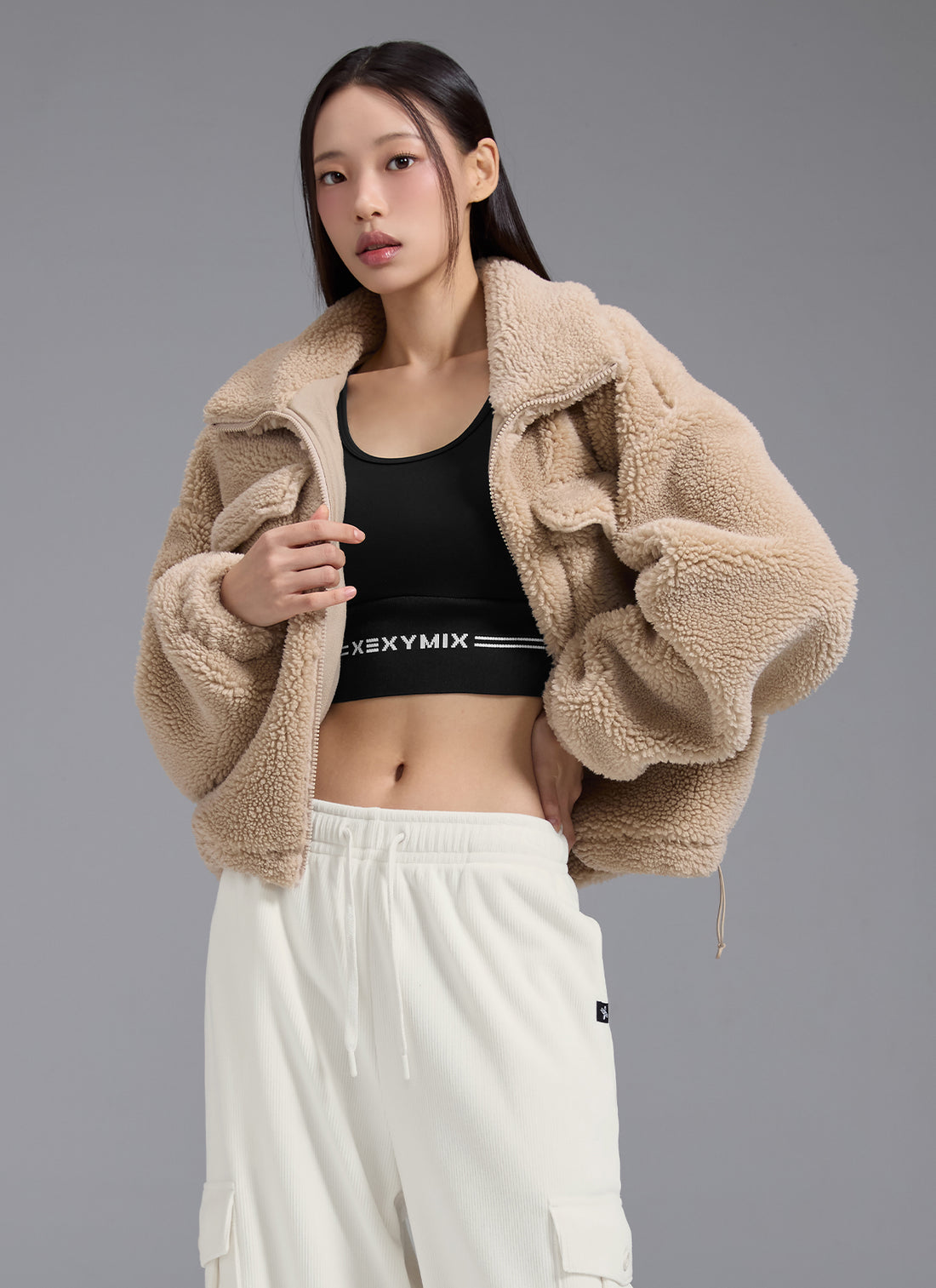 Sherpa High Neck Out Pocket Jacket - Whipping Beige