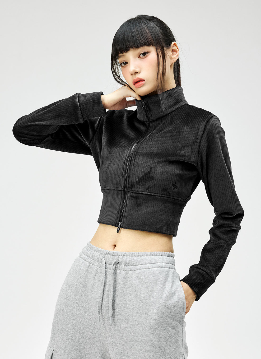 Velour Corduroy Zip-up Jacket - Black