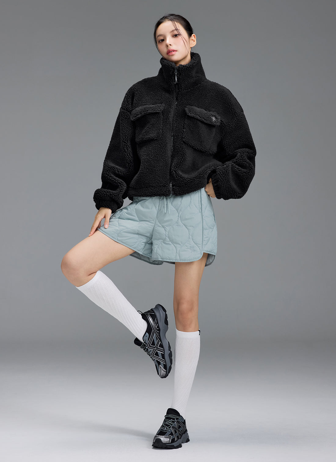 Sherpa High Neck Out Pocket Jacket - Black
