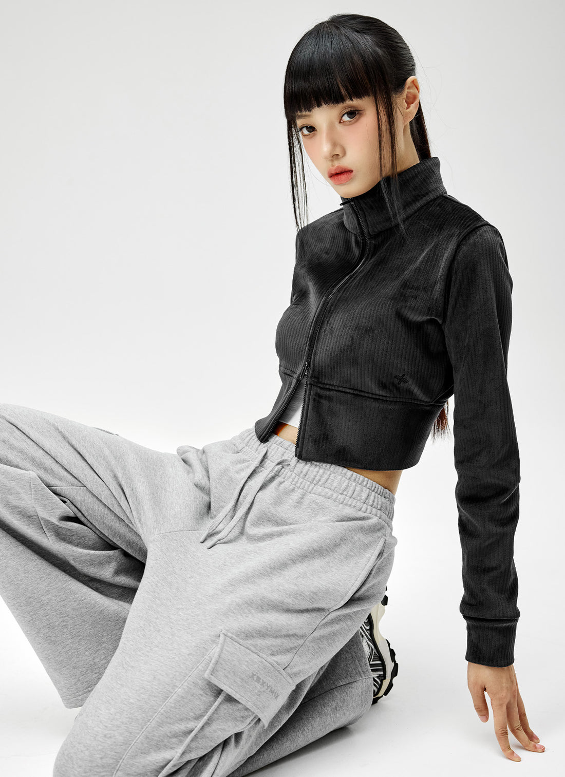 Velour Corduroy Zip-up Jacket - Black