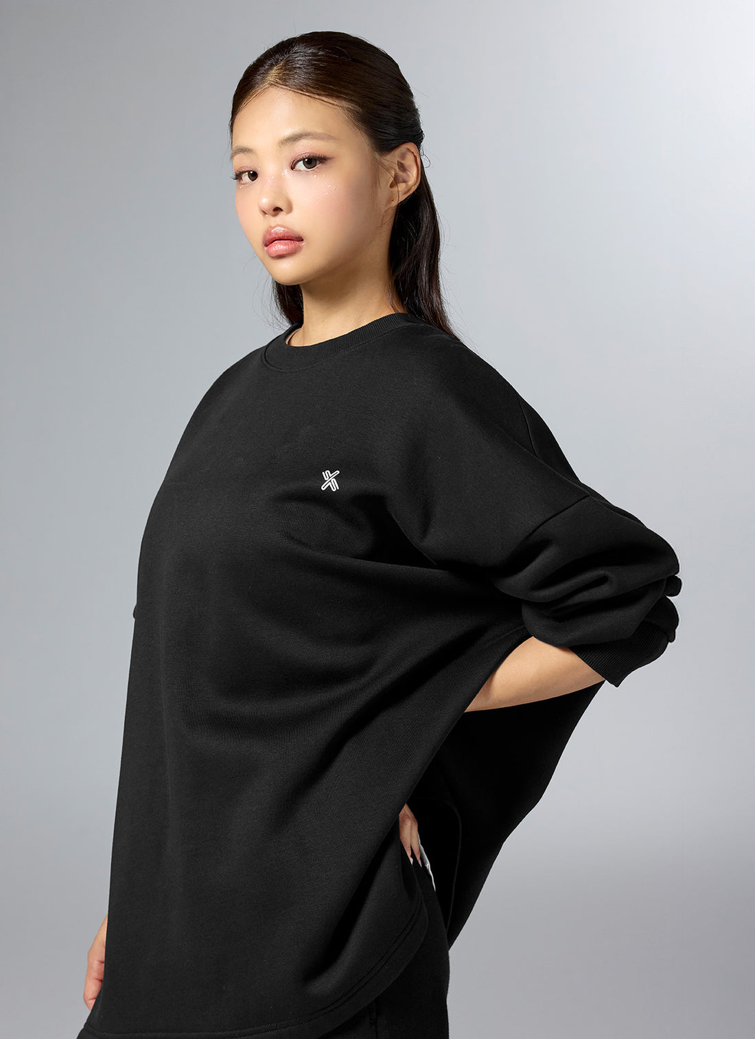 Warm Soft Side Slit Over fit Sweatshirt - Black