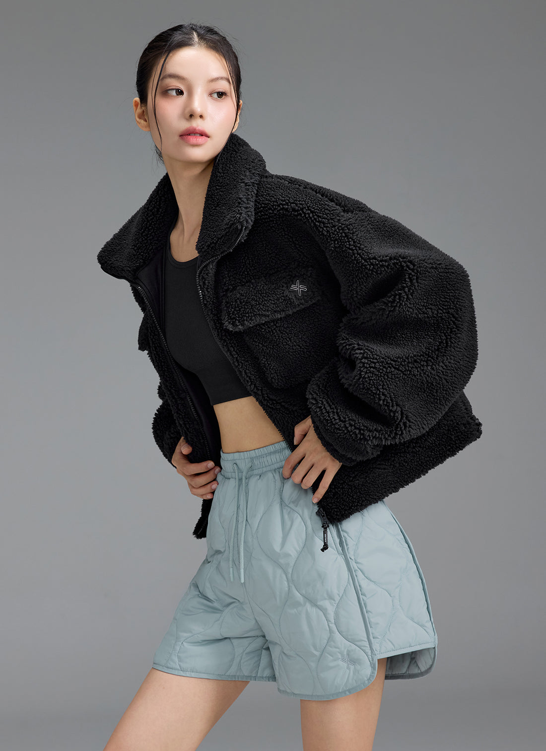 Sherpa High Neck Out Pocket Jacket - Black