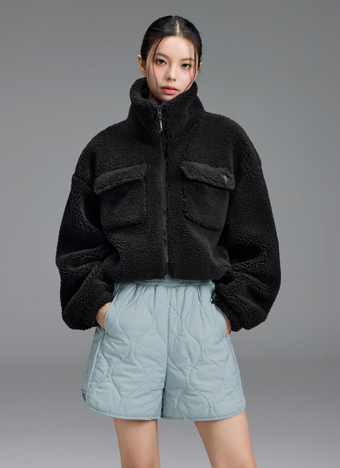Sherpa High Neck Out Pocket Jacket - Black
